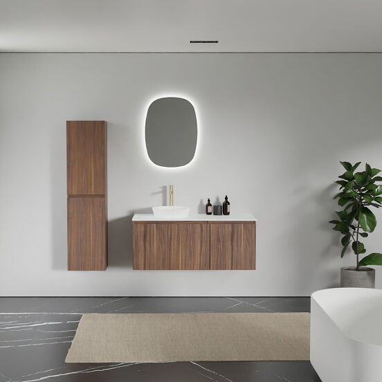 Balmani Sfera hängendes Möbelstück Set: 120 x 55 cm, Amerikanischer Nussbaum, mit Stretto Einzel- oder Doppel Waschtischplatte, Solid Surface Weiß matt
