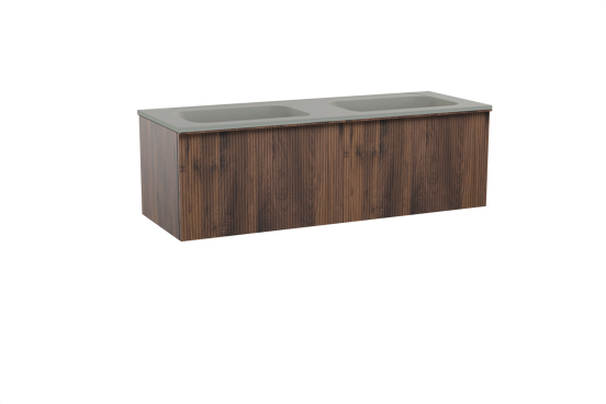 Balmani Forma zwevend badkamermeubel 150 x 55 cm amerikaanse notelaar met Tablo Strada dubbele wastafel in composietmarmer zijdegrijs, Verticale symmetrische rechte ribbel