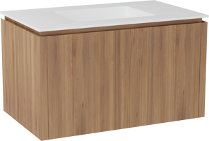 Balmani Eclips zwevend badmeubel 90 x 55 cm Teakhout met Tablo Stretto enkele wastafel in Solid Surface mat wit