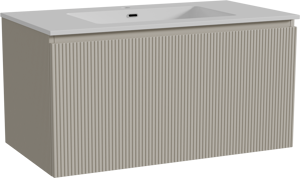 Storke Ribs meuble salle de bains suspendu 95 x 52 cm soie grise avec Diva plan simple en marbre composite blanc brillant, Nervure droite symétrique verticale