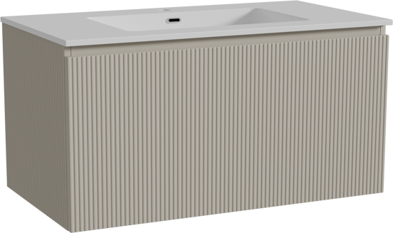 Storke Ribs meuble salle de bains suspendu 95 x 52 cm soie grise avec Diva plan simple en marbre composite blanc brillant, Nervure droite symétrique verticale