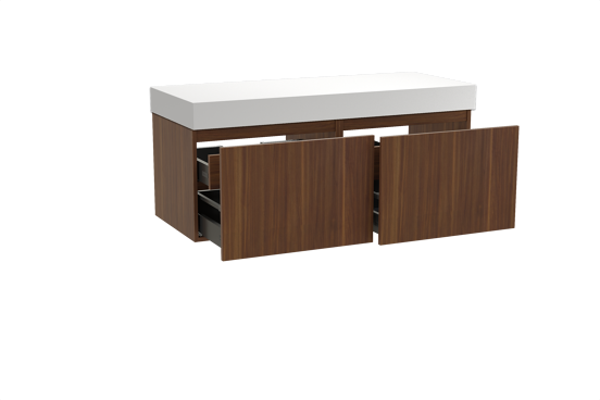 Balmani Sfera meuble salle de bains suspendu 135 x 55 cm noyer américain avec Dominus tablette simple ou double en solid surface blanc mat