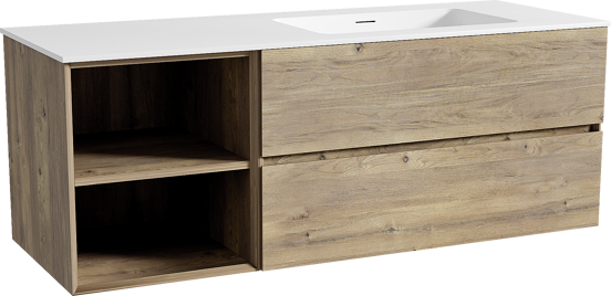 Storke Edge meuble salle de bains suspendu 140 x 52 cm chêne brut avec Mata plan vasque asymétrique à droite en solid surface blanc mat