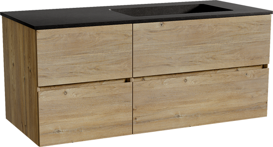 Storke Edge meuble salle de bains suspendu 120 x 52 cm chêne brut avec Scuro plan vasque asymétrique à droite en quartz noir mat