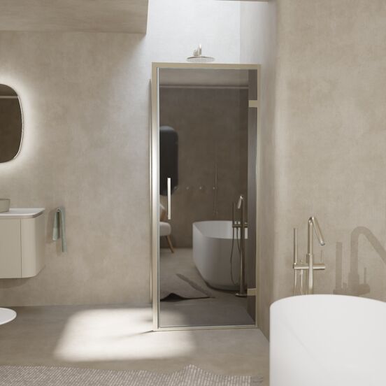 Balmani Senses Design douche en coin avec porte pivotante à droite et paroi latérale fixe, 90 x 100 cm, Miroir Reflex, Profil Brushed CoolMetal, coating inclus
