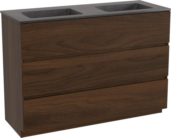 Storke Edge staand badkamermeubel 120 x 46 cm notelaar met Scuro dubbele wastafel in kwarts mat zwart