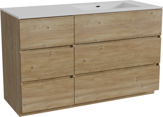 Storke Edge staand badmeubel 130 x 52 cm ruw eiken met Diva asymmetrisch rechtse wastafel in composietmarmer hoogglans wit