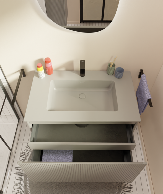 Storke Ribs meuble sous-vasque suspendu 85 x 52 cm soie grise 2 tiroirs