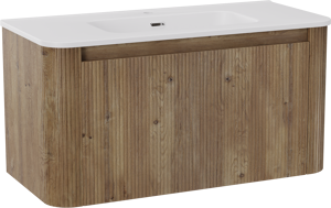 Storke Soft zwevend badkamermeubel 100 x 46 cm ruwe eik met Kera Soft enkele wastafel in porselein mat wit, Verticale symmetrische rechte ribbel