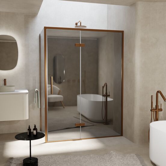 Balmani Senses Design douche en coin avec porte pivotante à droite et paroi latérale fixe, 140 x 100 cm, Miroir Reflex, Profil Brushed Rosegold, coating inclus