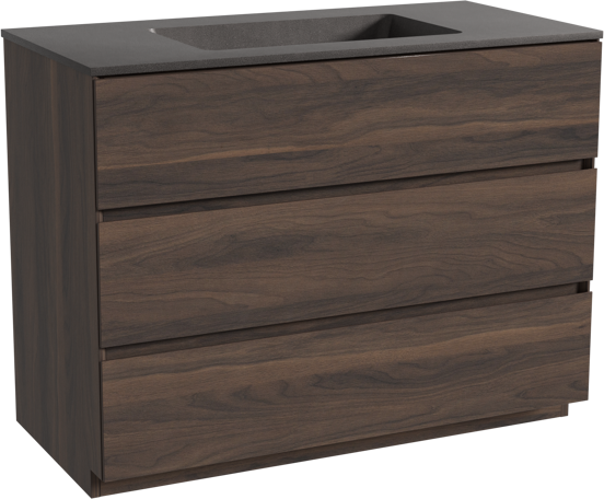 Storke Edge staand badkamermeubel 105 x 52 cm notelaar met Scuro enkele wastafel in kwarts mat zwart