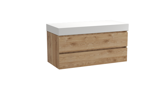 Balmani Lucida hängendes Möbelstück Set: 120 x 55 cm, Rohe Eiche, mit Dominus Einzel- oder Doppel Waschtischplatte, Solid Surface Weiß matt