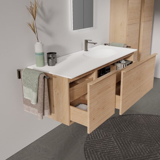 Balmani Forma zwevend badkamermeubel 135 x 55 cm natuur eik met Tablo Arcato asymmetrisch rechtse wastafel in solid surface mat wit, Horizontale symmetrische rechte ribbel
