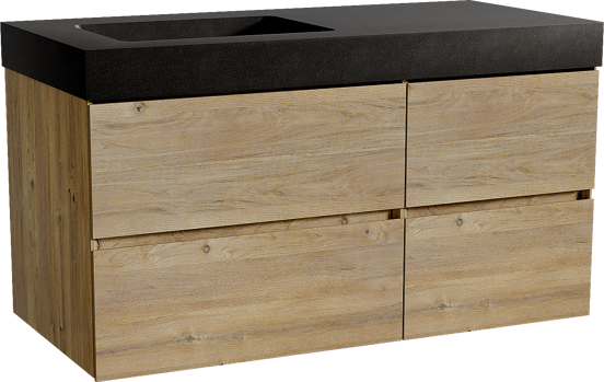 Storke Edge zwevend badmeubel 110 x 52 cm ruw eiken met Scuro High asymmetrisch linkse wastafel in kwarts mat zwart