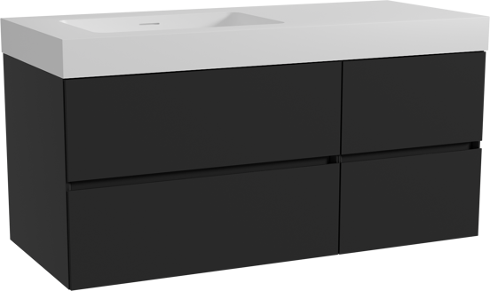 Storke Edge zwevend badmeubel 120 x 52 cm mat zwart met Mata High asymmetrisch linkse wastafel in solid surface mat wit