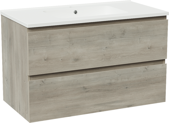 Linie Lado zwevend badkamermeubel 90 x 46 cm grijze eik met Vano enkele wastafel in composietmarmer mat wit