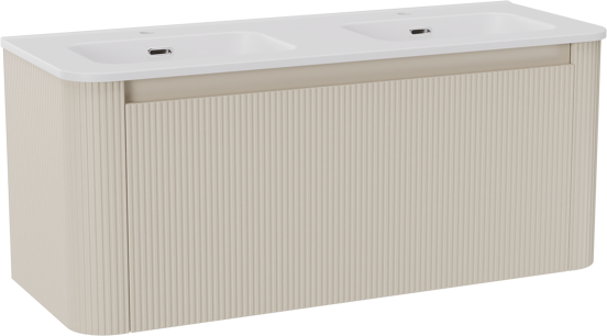 Storke Soft meuble salle de bains suspendu 120 x 46 cm Sand mat avec Kera Soft double vasque en porcelaine blanc mat, Nervure droite symétrique verticale