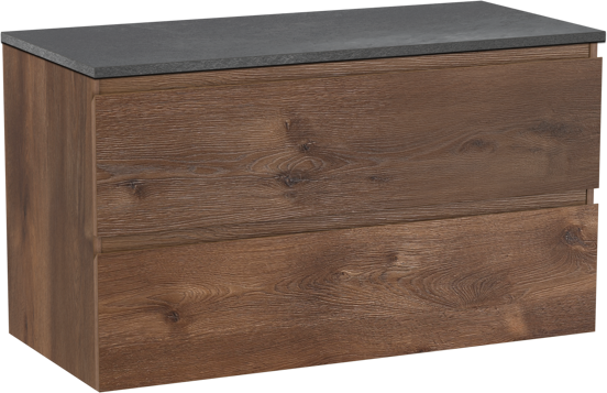 Linie Lado meuble salle de bains suspendu 100 x 46 cm chêne brun avec Lado tablette simple ou double en mélaminé ardoise gris