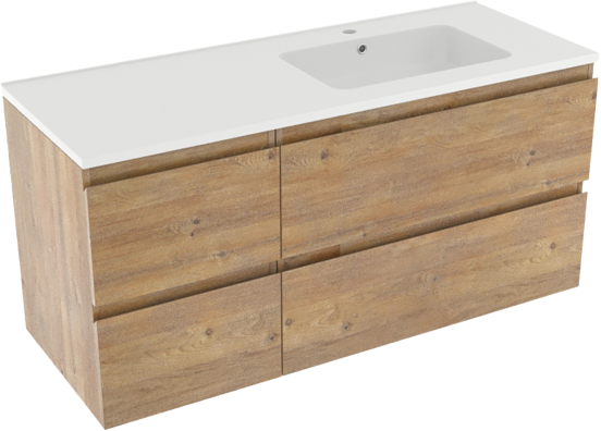 Linie Lado meuble salle de bains suspendu 120 x 46 cm chêne naturel avec Vano plan vasque asymétrique à droite en marbre composite blanc mat