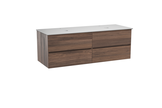 Balmani Mitra hängendes Möbelstück Set: 150 x 55 cm, Nussbaum, mit Facetta Doppel Waschtischplatte, Solid Surface Weiß matt