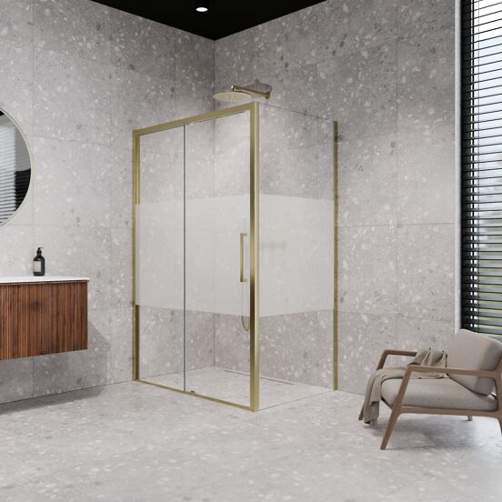 Balmani Senses Design douchehoek met linkse schuifdeur en vaste zijwand, 120 x 80 cm, Helder glas met matte strook, Brushed Champagne Gold profielen