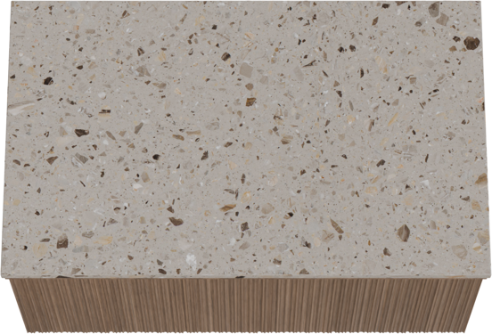 Balmani Forma hängendes Möbelstück Set: 90 x 55 cm, Amerikanischer Nussbaum, mit Stretto Einzel Waschtischplatte, Terrazzo in Greige, Vertikale asymmetrische Runde Rippe