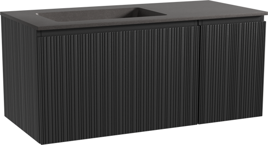 Storke Ribs zwevend badmeubel 110 x 52 cm zwart eiken met Scuro asymmetrisch linkse wastafel in kwarts mat zwart, Verticale asymmetrische rechte ribbel