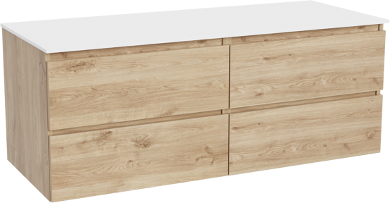 Balmani Lucida zwevend badkamermeubel 135 x 55 cm ruwe eik met Stretto enkel of dubbel tablet in solid surface mat wit