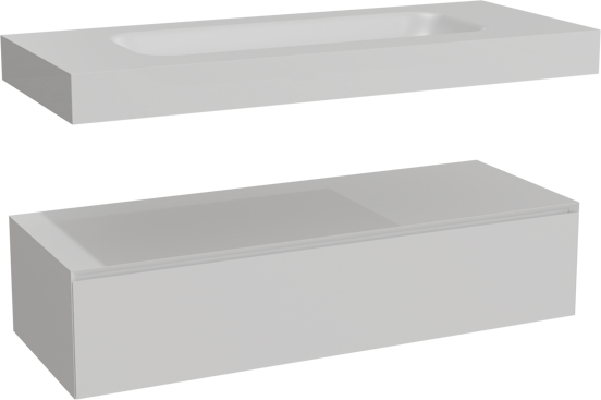 Balmani Mitra Elements hängendes Möbelstück Set: 135 x 55 cm, Weiß matt mit Arcato Einzelwaschtisch für 2 Armaturenlöcher, Solid Surface Weiß matt