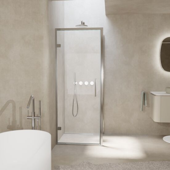 Balmani Senses Design douche en coin avec porte pivotante à gauche et paroi latérale fixe, 90 x 100 cm, Verre transparent, Profil chrome