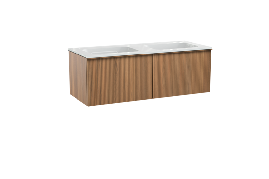 Balmani Forma meuble salle de bains suspendu 135 x 55 cm teck avec Tablo Strada double vasque en marbre composite blanc brillant, Nervure droite symétrique verticale