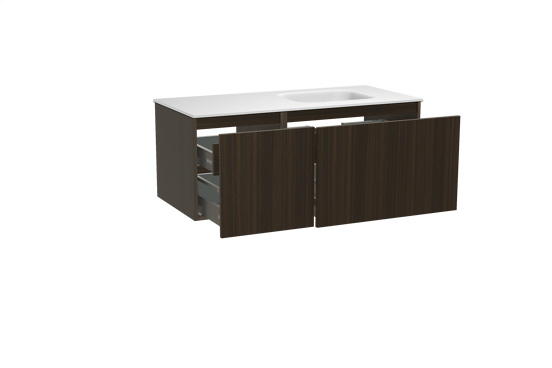 Balmani Sfera meuble salle de bains suspendu 120 x 55 cm eucalyptus avec Tablo Arcato plan vasque asymétrique à droite en solid surface blanc mat