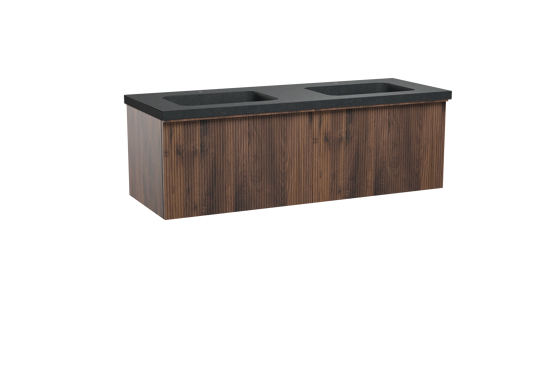 Balmani Forma zwevend badkamermeubel 150 x 55 cm amerikaanse notelaar met Napoli dubbele wastafel in graniet zwart, Verticale symmetrische rechte ribbel