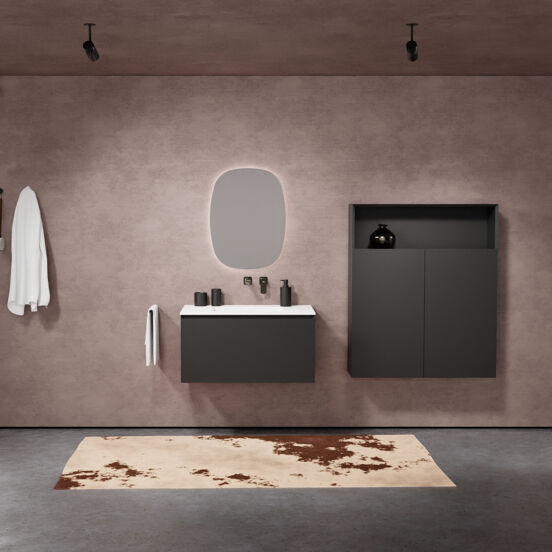 Balmani Idra zwevend badkamermeubel 90 x 55 cm mat zwart met Tablo Arcato enkele wastafel in solid surface mat wit