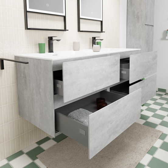 Storke Edge hängendes Möbelstück Set: 130 x 52 cm, Beton dunkelgrau, mit Mata Doppelwaschtisch, Solid Surface Weiß matt