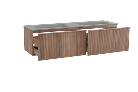 Balmani Forma meuble salle de bains suspendu 180 x 55 cm teck avec Tablo Strada double vasque en marbre composite soie grise, Nervure droite symétrique verticale