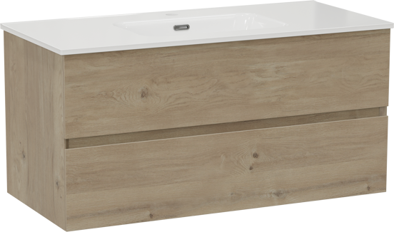 Storke Edge zwevend badmeubel 100 x 46 cm ruw eiken met Baro enkele wastafel in porselein hoogglans wit