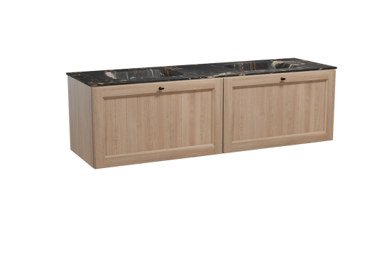 Balmani Lemon hängendes Möbelstück Set: 180 x 55 cm, Verwitterte Eiche, mit Tablo Arcato Doppelwaschtisch, Marmor Portoro Gold