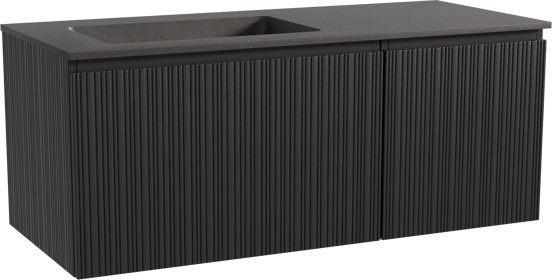 Storke Ribs zwevend badmeubel 120 x 52 cm zwart eiken met Scuro asymmetrisch linkse wastafel in kwarts mat zwart, Verticale asymmetrische rechte ribbel