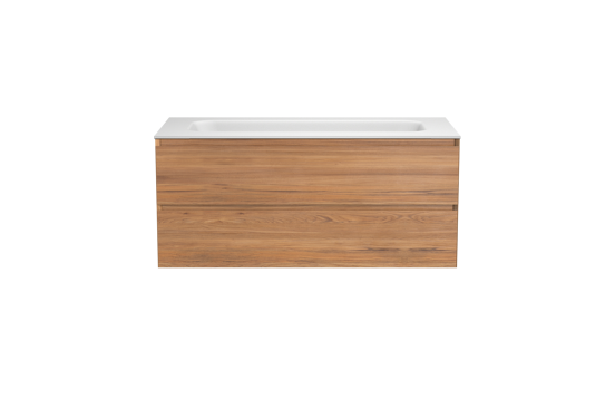 Balmani Mitra meuble salle de bains suspendu 120 x 55 cm teck avec Tablo Arcato lavabo simple pour 2 trous de robinet en solid surface blanc mat