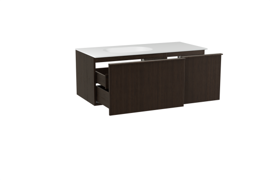 Balmani Forma meuble salle de bains suspendu 120 x 55 cm chêne fumé avec Tablo Oval plan vasque asymétrique à gauche en solid surface blanc mat, Nervure droite symétrique verticale