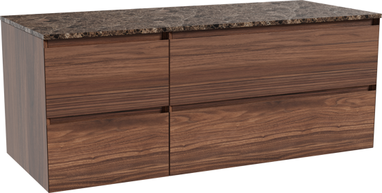 Balmani Mitra hängendes Möbelstück Set: 135 x 55 cm, Nussbaum, mit Stretto Einzel- oder Doppel Waschtischplatte, Marmor Dark Emperador