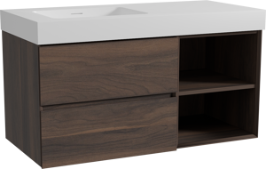 Storke Edge zwevend badkamermeubel 110 x 52 cm notelaar met Mata High asymmetrisch linkse wastafel in solid surface mat wit