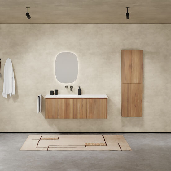 Balmani Idra zwevend badkamermeubel 135 x 55 cm teak met Tablo Arcato asymmetrisch linkse wastafel in solid surface mat wit