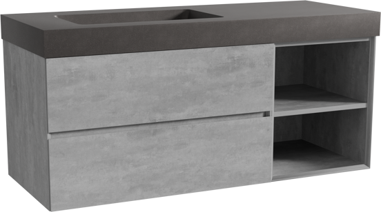 Storke Edge zwevend badmeubel 130 x 52 cm beton donkergrijs met Scuro High asymmetrisch linkse wastafel in kwarts mat zwart