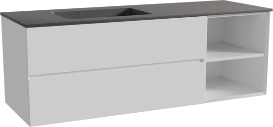 Storke Edge zwevend badmeubel 150 x 52 cm hoogglans wit met Scuro asymmetrisch linkse wastafel in kwarts mat zwart