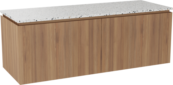 Balmani Eclips meuble salle de bains suspendu 150 x 55 cm Teck avec Stretto tablette simple ou double en Bianco Nero Terrazzo