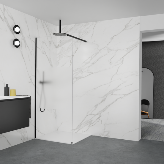 Balmani Modular inloopdouche: 90 x 200 cm, Helder glas met matte strook met coating, Mat zwarte profielen