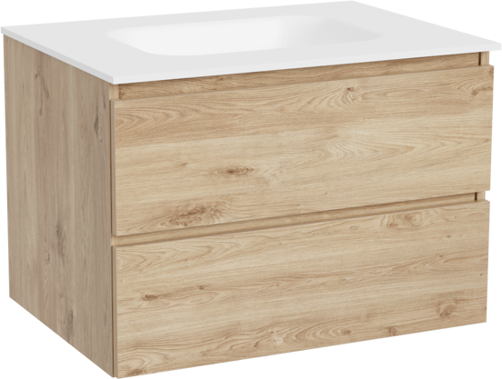 Balmani Lucida zwevend badkamermeubel 75 x 55 cm ruwe eik met Tablo Arcato enkele wastafel in solid surface mat wit