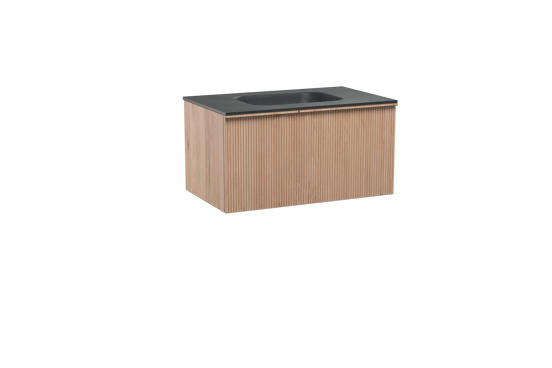 Balmani Forma zwevend badkamermeubel 90 x 55 cm natuur eik met Tablo Arcato enkele wastafel in graniet zwart, Verticale symmetrische rechte ribbel